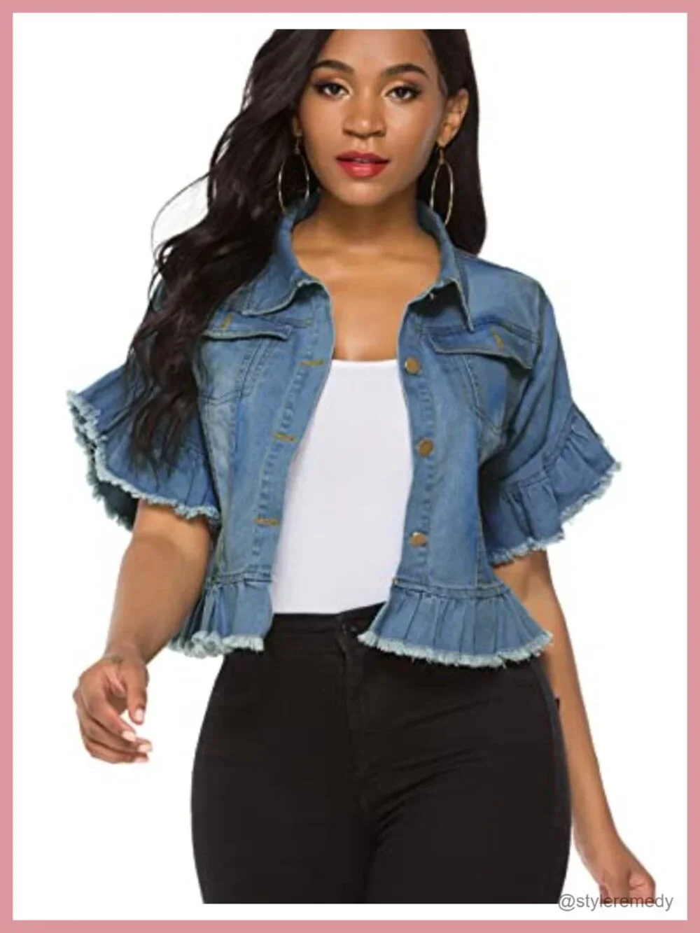 Women's Ruffle Short Sleeve Cropped Denim Jacket - 95% Cotton, Lightweight